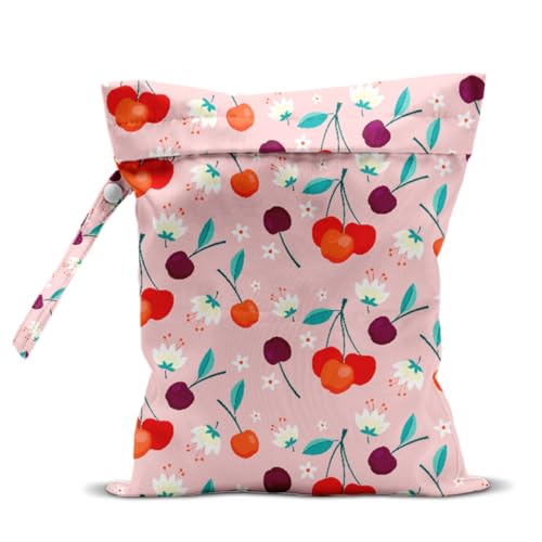 Wet Bag, Wet Dry Bag, Waterproof Swim Bags, Machine Washable Reusable Bags for Beach, Pool, Diapers, and Dirty Yoga Gym Clothes(Cherry Blossoms and Cherries Print - color: Colorful Cherries & Mixed Fruits
