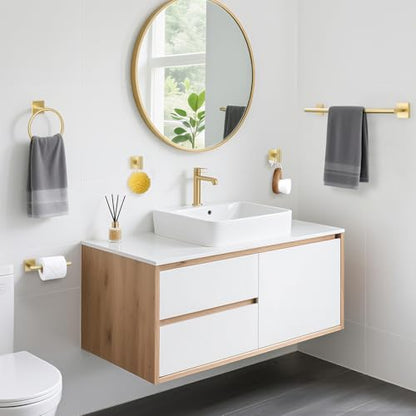 TURS Brushed Gold 5 Piece Bathroom Hardware Accessories Set, SUS304 Stainless Steel Bath Towel Bar Set, 24 Inch Round Bathroom Towel Holder Set Wall Mounted - color: Brushed Gold, size: 5-Pieces Set-A