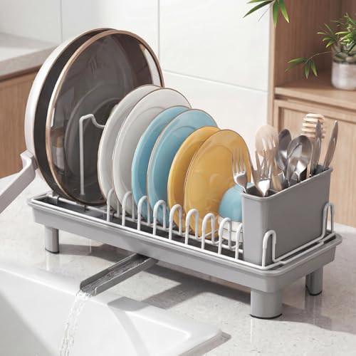 Small Dish Drying Rack with Drainboard, Compact for Kitchen Counter, Grey - color: Gray