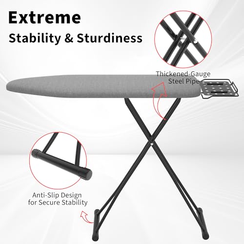 Ironing Board, 43"×13" with Iron Rest, Sturdy 4 Layer 7 Adjustable Height - color: Gray, size: 43"L x 13"W