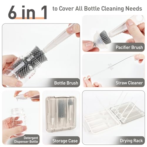 Travel Bottle Cleaner Kit, 6-in-1 Baby Bottle Brush Set with Silicone Brush - color: White