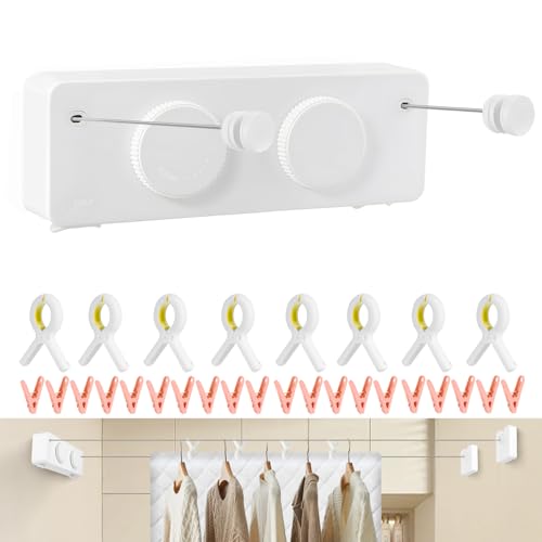 Retractable Clothesline Indoor/Outdoor，Anti-Sag for Drying Clothes line Retracting Indoor, 13.8Ft Dual-Line Laundry line Retractable，Includes 20 Small Clips and 8 Large Clothes pins. (White) - color: Dual-line White