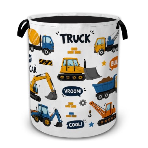 Construction Truck Large Laundry Hamper, Collapsible Oxford Clothes Basket with Handles, Freestanding Dirty Clothes Organizer for Bedroom Bathroom Dorm Laundry Room, 16 x 20.8 Inch - color: Construction Truck
