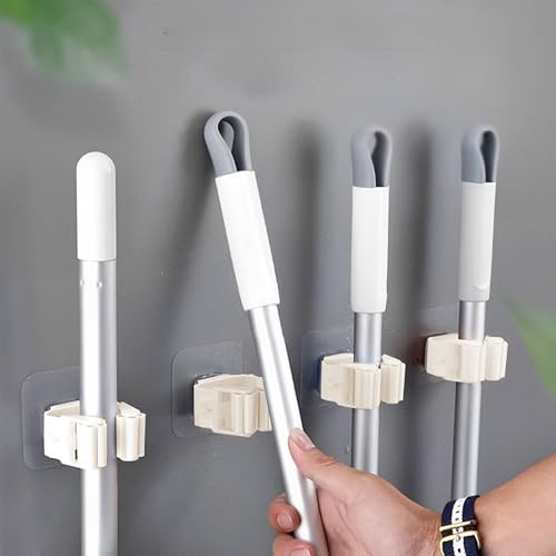 4 Pack No Drilling Broom Holder Wall Mount, Mop and Broom Holder Wall Mount, Garden Tool Storage Organizer for Kitchen - color: Beige 4-pack