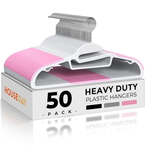 HOUSE DAY Pink Plastic Hangers 50 Pack, Slim Space Saving, Non Slip Hangers with Rubber Pads, Sturdy Coat Hanger for Closet, S-Shaped Clothes Hanger for Shirt, Suit, Pant, Skirt - color: White + Pink, size: 50 Pack