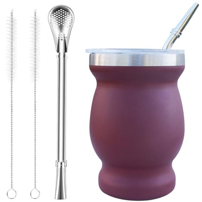 Beruth Bombilla Yerba Mate Gourd, 8oz Stainless Steel Tea Cup Set with a Multifunctional Lid, Two Straws and Cleaning Brushes, Double Walled Coffee Mug Heat Insulation Anti Scalding (Burgundy) - color: Burgundy