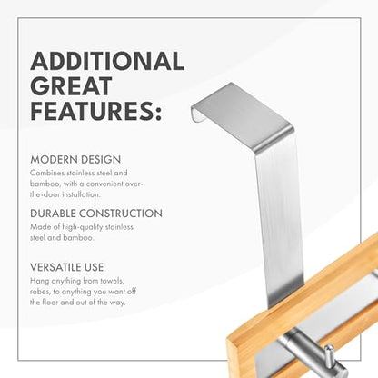 ToiletTree Products Bamboo Stainless Steel Over-the-Door Towel Hooks - Durable Coat, Clothes, and Towel Rack to Use in the Bathroom, Laundry Room, and Closet - 5 Hooks - size: 5 Hook