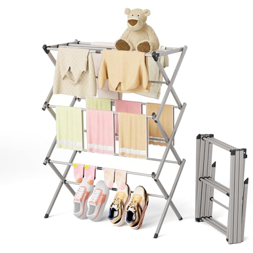 BAKON Space Saving Foldable Clothes Drying Rack, Extendable Rustproof Laundry Rack for Indoor Outdoor Use, No Assembly Required, Suitable for Bathroom Laundry Room Apartment RV, Gray - color: Gray