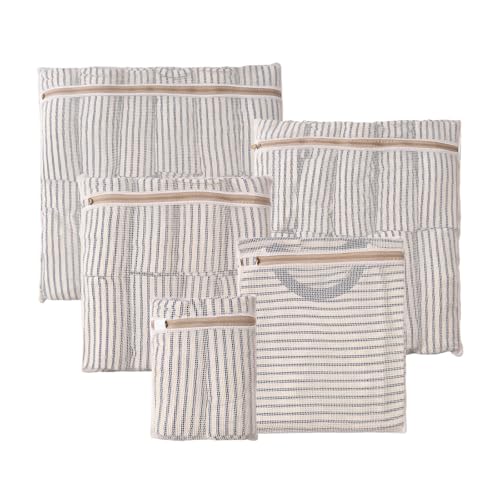 HEAVYWOOD 5-Piece Cotton Mesh Landry Bag Organic Wash Bag for Washing Machine Lingerie Bags for Washing Delicates with Sturdy Anti-Rust Zipper Clothes Washing Bag (5Bags) - size: Mini*Small*Medium*Large*X-Large