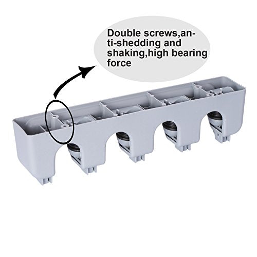TOGU Mop and Broom Holder Wall Mounted 4 Position Storage Rack with 5 Retractable Hooks Holds up to 9 Tools Utility Weatherproof Holder for Garage Storage Systems Broom Organizer,Gray