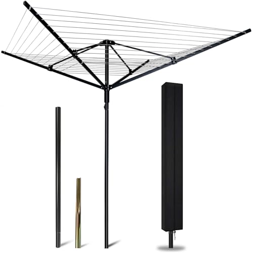 A-xctoe Rotary Outdoor Umbrella Drying Rack Adjustable Height Clothesline w/Waterproof Protective Cover Folding Rotary Dryer with 4-Aluminum Arms and Steel Post | 12-Lines with 165 ft Clothesline