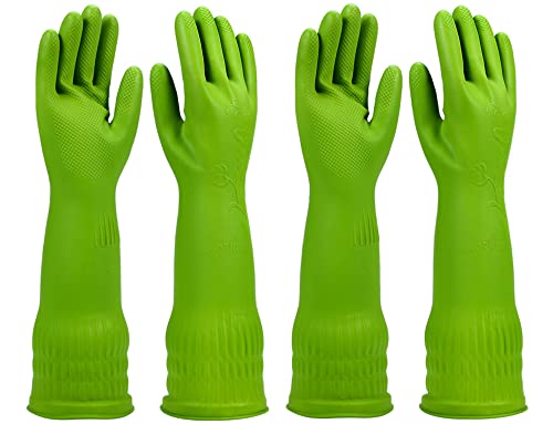 Dishwashing gloves 2 Pairs for kitchen,Rubber cleaning gloves,Long dish gloves reuseable. - color: Green, size: Large (Pack of 2)