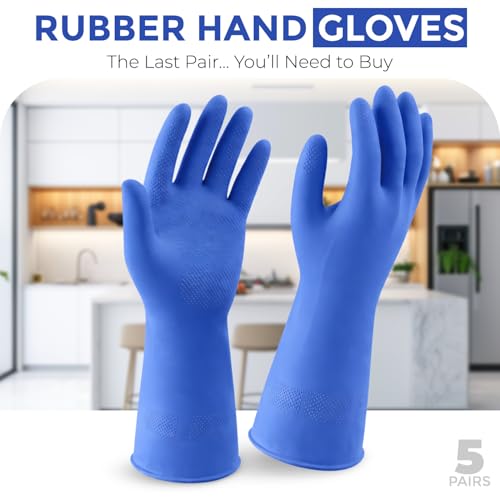 LADWA 5 Pairs Non-Slip Household Cleaning Reusable Dishwashing Gloves for Kitchen Washing Dishes Bathroom Gardening & Home Tasks Flexible Long-lasting & Waterproof Gloves Perfect for Woman Men (Blue) - color: Blue, size: Pack of 5