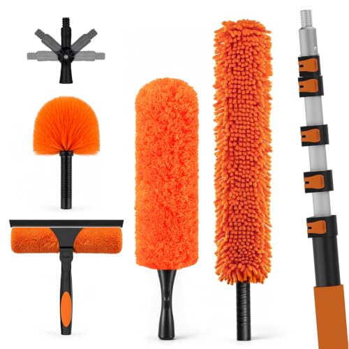 LAANPOLE 30FT High Reach Duster Cleaning Kit with Extension Pole, High Ceiling Fan Cleaner Duster Tool for Fan Blades, Window Washing Kit with Microfiber Feather Duster & Window Squeegee - size: 24FT