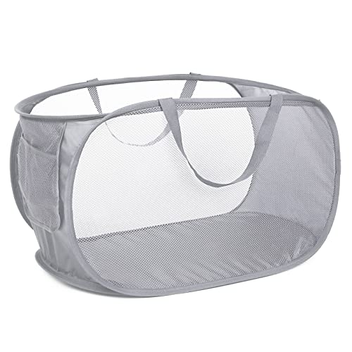 Durable Collapsible Laundry Baskets, Mesh Pop Up Laundry Hamper with Side Pocket, Foldable Clothes Storage Hamper with Reinforced Carry Handles for Laundry, Bathroom, Kids Room, Dorm or Travel Grey - color: 1 x Gray