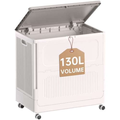 130L Rolling Laundry Hamper with Lid Laundry Basket - color: Milky, size: 130L
