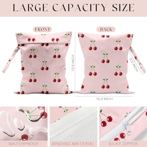 Wet Bag, Wet Dry Bag, Waterproof Swim Bags, Machine Washable Reusable Bags for Beach, Pool, Diapers, and Dirty Yoga Gym Clothes(Pastel Pink Ditsy Cherry Print - color: Pixel Double Cherries on Light Pink Base