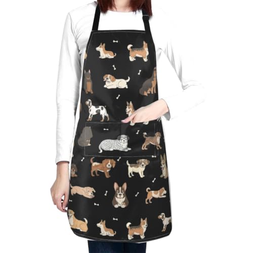 Perinsto Waterproof Apron With 2 Pockets Kitchen Chef Aprons Bibs For Cooking Baking Painting Gardening Grooming - color: Dog Black
