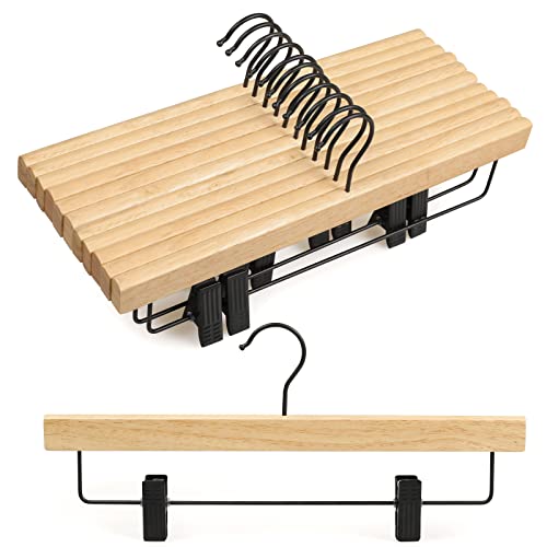TOPIA HANGER Pants Hangers 10 Pack, Wooden Clothes Hangers with Black Clips and Rotatable Hook, Durable Natural Rubber Wood Hangers for Skirts, Pants, Jeans, Shorts - CTS02N - color: Rubber Wood, size: 10 Pack
