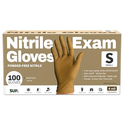 SUP Powder-Free Nitrile Exam Gloves, 100/1000 Ct Food Safe Latex-Free Disposable Glove Medical Cooking Cleaning Food Prep Tan - color: 100 Small (Trail Tan)