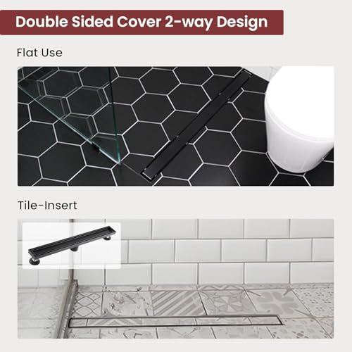 28-Inch Linear Shower Drain, 2-in-1 Reversible Tile Insert Grate, Black 304 Stainless Steel Floor Drain with Hair Strainer & Leveling Feet, Modern Bathroom Shower (Drain Base Not Included) - color: Matte Black, size: 28 inch
