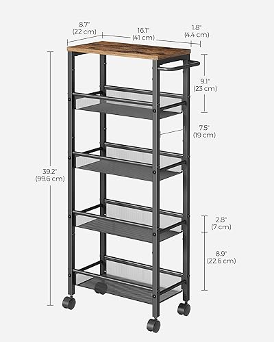 VASAGLE 5-Tier Slim Rolling Storage cart with Wheels, 8.7 Inches, Metal - color: Rustic Brown + Classic Black, size: 5 Tiers (8.7"D x 39.2"H)