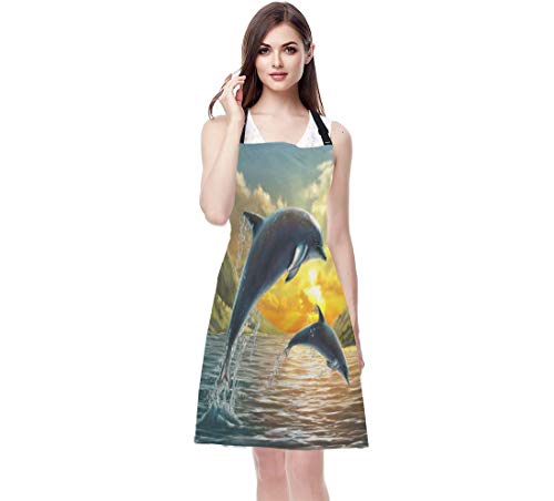 EKOBLA Dolphin Aprons Ocean Jumping Sea Beautiful Sunset Beautiful Landscape Clouds Wave Waterproof Resistant Chef Cooking Kitchen BBQ Adjustable Aprons for Women Men 27x31 Inch - color: Multi-a124
