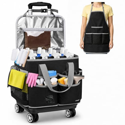 Ytonet Rolling Cleaning Caddy Bag with Apron, Cleaning Caddy with 4 Wheels - color: Black