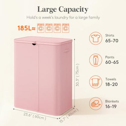 Lifewit 185L 3 Section Laundry Hamper with Lid, Laundry Basket, Pink - color: Pink, size: 185L