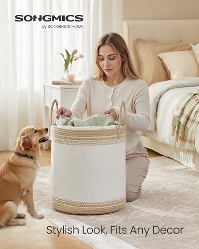 SONGMICS Laundry Hamper, Cotton Rope Basket with Handles, 23.8 Gallons - color: Cloud White + Camel Brown, size: 60 L