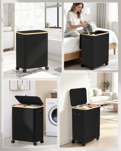 Double Laundry Basket with Wheels and Lid, 150L Clothes Hampers for Laundry - color: Black, size: 150L