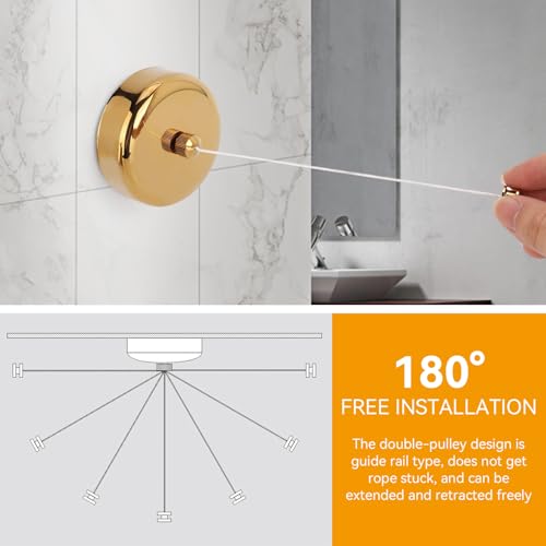 Retractable Clothesline, Stainless Steel Clothes Line Dryer with Adjustable Nylon Rope String, Wall Mounted Retractable Laundry Clothing Line Space Saving Drying Rack for Bathroom (Gold)