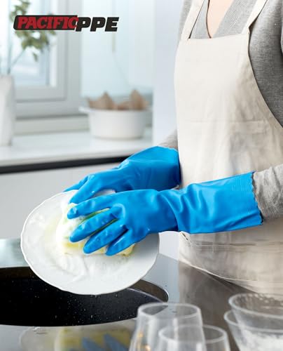 PACIFIC PPE 2 Pairs Dishwashing Gloves, Cotton Flocked Liner, Blue, Large - color: Blue, size: Large (Pack of 2)