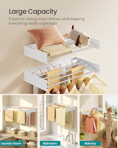 SONGMICS Clothes Drying Rack, Wall-Mounted, Foldable, with Storage Shelf - size: Foldable-31.5"W