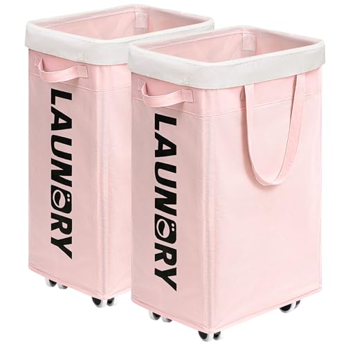 CHICVITA 75L Laundry Hamper with Wheels 2-Pack, Wash Bags, Pink - color: Pink, size: 2-Pack 75L (15.7"L x 11.8"W x 24.8"H)