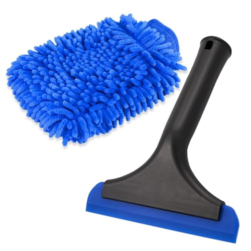 Window Tint Tool Small 6" Silicone Handy Cleaning Squeegee and Car Wash Mitt Chenille Microfiber Super Absorbent for Car Windshield, Window, Mirror, Glass Door,Shower(Blue) - size: Blue