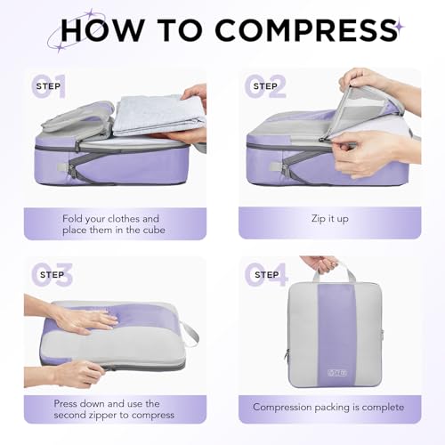OlarHike 8 Set Compression Packing Cubes for Travel Essentials,Compressible Expandable Space Saver Bags for Organizing Clothes,Luggage Suitcase Garment Bags with Over 1000 pcs Mesh Holes(Purple Gray) - color: Purple Gray