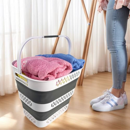 SAMMART 40L (10.5 Gallon) Collapsible Plastic Laundry Basket with Handles - Foldable Pop Up Storage Container/Organizer - Portable Laundry Hamper - Space Saving (1, White/Steel Grey) - color: White/Steel Grey