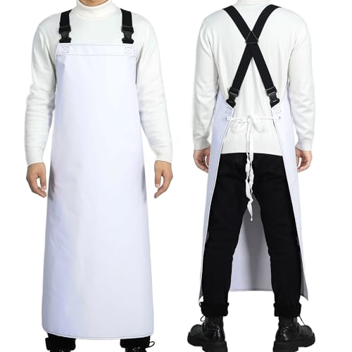Heavy Duty Waterproof Apron,PVC, Adjustable Cross Strap,Chemical Resistant, for Butchering, Dishwashing, Food Factory - color: White