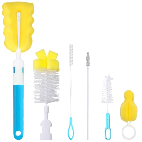 Baby Bottle Cleaning Brush 6-Piece Set Detachable Sponge Bottle Brush, Nylon Milk Bottle Brush, 2PCS Nipple Brush, 2PCS Straw Brush (Blue) - color: Blue