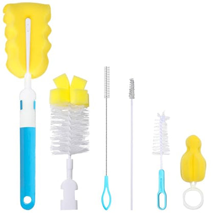 Baby Bottle Cleaning Brush 6-Piece Set Detachable Sponge Bottle Brush, Nylon Milk Bottle Brush, 2PCS Nipple Brush, 2PCS Straw Brush (Blue) - color: Blue