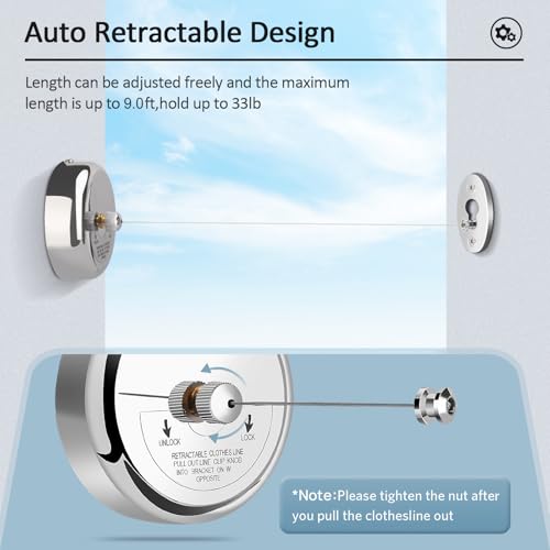 Clatoon Retractable Clothesline 9.0 Feets Adjustable, 304 Stainless Steel