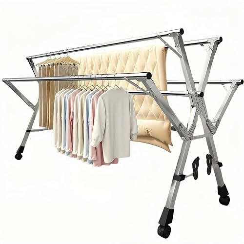 5Poles Clothes Drying Rack, Portable Drying Rack Clothing, Blanket Rack Clothesline with 20 Windproof Hooks for Indoor/Outdoor Use