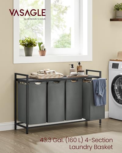 VASAGLE Laundry Hamper with Shelf, 4 Pull-Out Bags, 4 x 10.6 Gallons (40L) - color: Slate Gray + Charcoal Gray, size: 4 Bags - 160 L