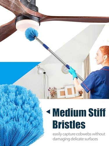 Cobweb Duster with Extension Pole, 8 ft Spider Web Brush for Outdoor House Cleaning, Cob Web Remover for High Ceilings Fans, Medium-Stiff Bristles Round Head, Steel Long Handle, Lightweight Cleaner - size: 8 FT