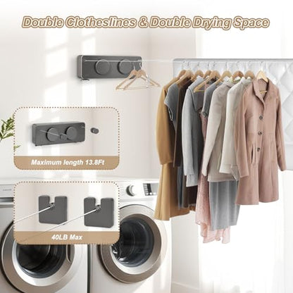 Retractable Clothesline Indoor, Non-Sagging Outdoor Clothes Line Retracting, 16.7 Ft Heavy Duty Clothes Drying Laundry Line, Wall Mounted Stainless Steel Clothesline for Balconies (Double line-Grey) - color: Double Line-grey