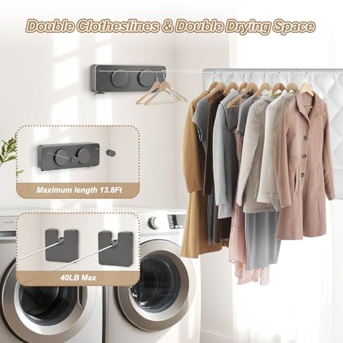 Retractable Clothesline Indoor, Non-Sagging Outdoor Clothes Line Retracting, 16.7 Ft Heavy Duty Clothes Drying Laundry Line, Wall Mounted Stainless Steel Clothesline for Balconies (Double line-Grey) - color: Double Line-grey