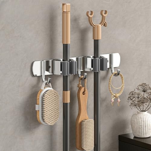 Mop and Broom Holder Wall Mount Metal Heavy Duty Stainless Steel Utility Hooks Mop Hanger Storage Rack Broom Organizer 2 Racks with 3 Hooks Garden Tool