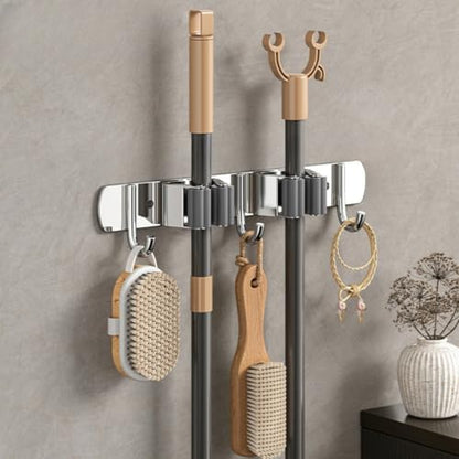 Mop and Broom Holder Wall Mount Metal Heavy Duty Stainless Steel Utility Hooks Mop Hanger Storage Rack Broom Organizer 2 Racks with 3 Hooks Garden Tool