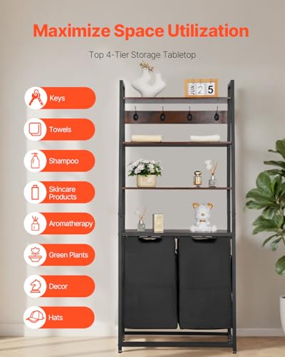 VEVOR 4 Tiers Laundry Sorter, Tall Laundry Hamper with Shelves and Hooks, 2 Section Freestanding Basket Organizer Storage with 600D Oxford Cloth Bags and Ladder Shelves for Dirty Clothes, Bathroom - style: 4 Tiers
